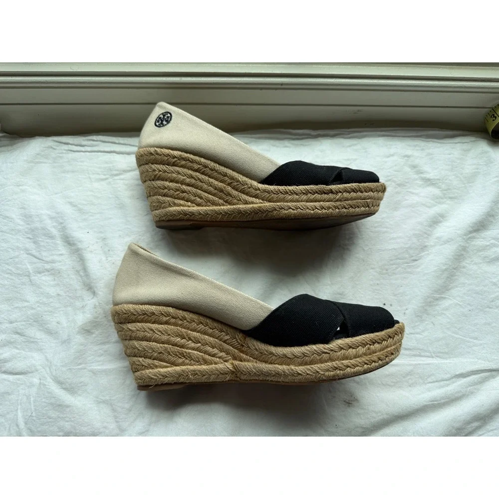 Tory Burch Women's Filipa Espadrille Wedge Canvas Peep Toe Black Cream Size 9